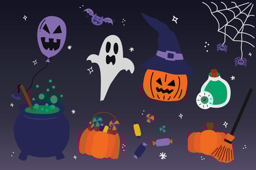 Elements of Halloween seasonal celebration design by hand drawn. vector