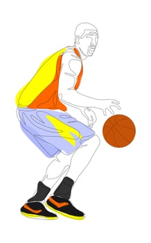 Continuous one line drawing of basketball player dribbling and holding the ball. Athlete running simplicity minimalism design. vector