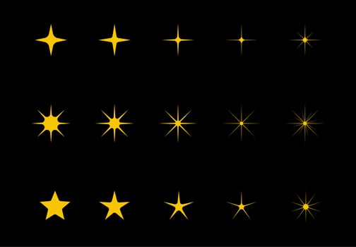 Vector yellow, gold, orange sparkling symbol isolated on black background. Set of original vector sparkle stars icons. Bright fireworks, twinkling decorations, sparkling flashes. Vector Set