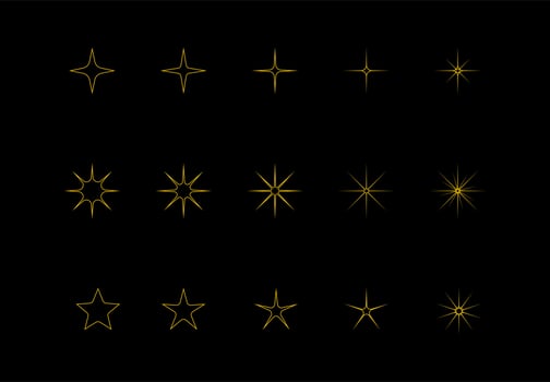 Vector yellow, gold, orange sparkling outlines symbol isolated on black background. Set of original vector sparkle stars icons. Bright fireworks, twinkling decorations, sparkling flashes. Vector Set