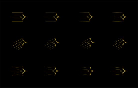 Yellow, gold, orange shooting star outline icon isolated on black background. Comet tail or star trail vector isolated on a white background. Simple meteorite shooting star dust