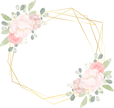 hand draw watercolor pink roses and peony bouquet with golden geometric frame wreath png