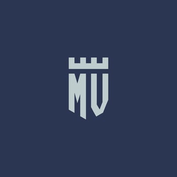 MV logo monogram with fortress castle and shield style design vector