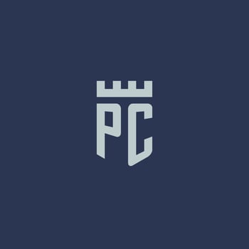 PC logo monogram with fortress castle and shield style design vector