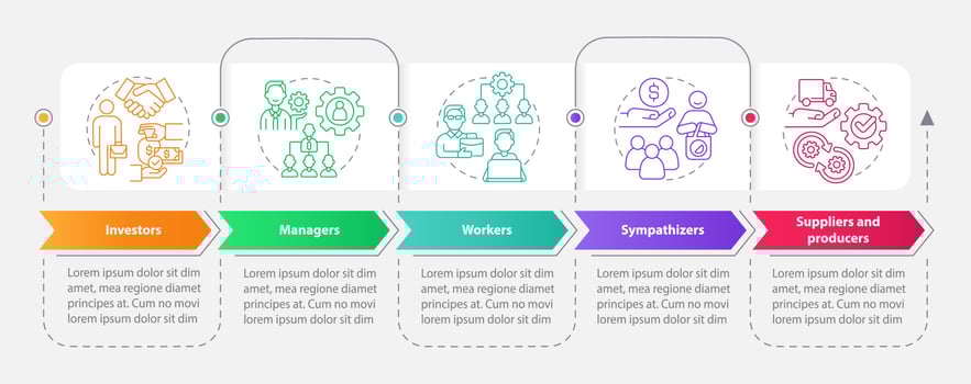 Categories of members rectangle infographic template. Data visualization with 5 steps. Process timeline info chart. Workflow layout with line icons. vector