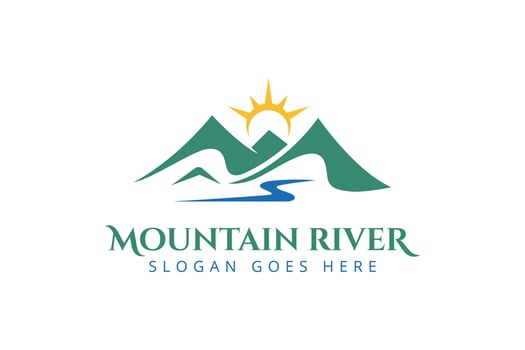 vector Mountain Peaks River Creek Simple logo design with sun icon, Minimalist Landscape Hills outdoor logo element