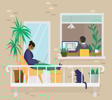 Afroamerican family at home. Mother with cat working on balcony, son studying online. Home office. House exterior. Flat vector illustration.