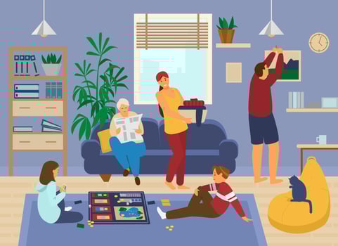 Family at home. Kids playing board game, grandmather reads newspaper, mother doing laundry, father hangs picture. Living room interior. Stay home. Home activities. Flat vector illustration.