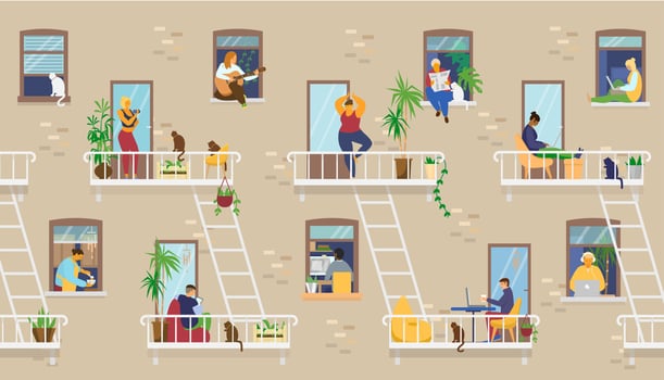 House exterior with people in windows and balconies staying at home and doing different activities studying, playing guitar, working, doing yoga, cooking, reading. Flat vector illustration.
