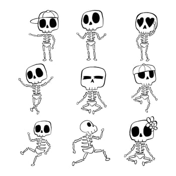Vector illustration set of Halloween Skeleton cartoon line on white background.