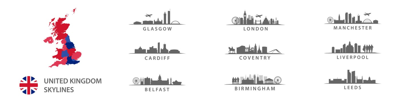 Big cities in Unitted Kingdom, skylines in vector sihouettes, english destinations like London, Leeds, Coventry, Birmingham, Liverpool, , Belfast, Cardiff, Glasgow