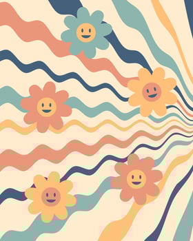 Cool groovy daisy flowers poster in y2k style. Psychedelic print for T-shirt, stationery, streetwear and fabric. vector
