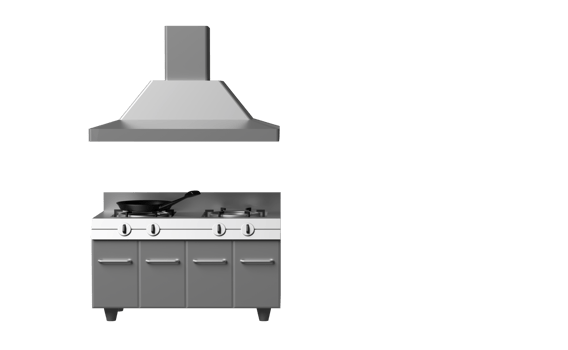 3d restaurant kitchen with gas stove, cooker hood isolated. modern industrial kitchen with equipment concept, 3d render illustration png