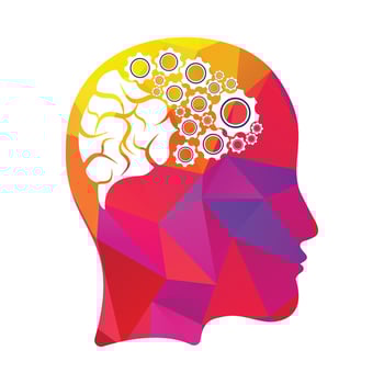 Technology Human Head Logo Icon Design. Digital woman head brain shape with gears idea concept innovation genius. vector