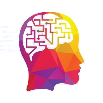 Human brain as digital circuit board. Artificial intelligence icon. Techno woman head logo concept creative idea. vector