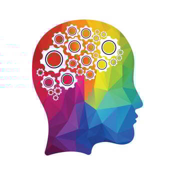Technology Human Head Logo Icon Design. Digital woman head brain shape with gears idea concept innovation genius. vector