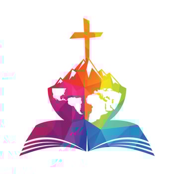 Global bible cross logo vector design with mountain. Cross on mountain with Holly book.