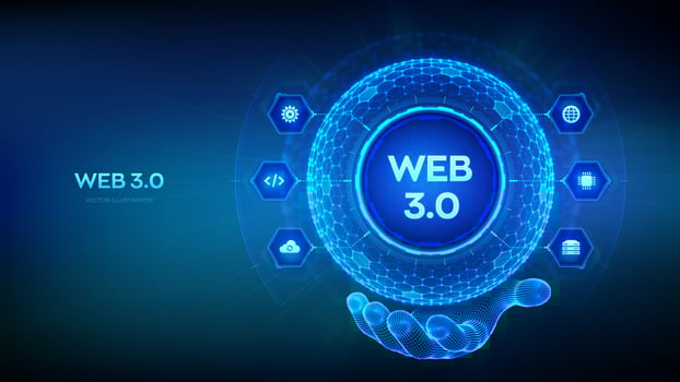 Web 3.0. New generation of the Internet abstract concept. Block chain decentralized technology. Digital communication, AI and virtual technology. Hexagonal grid sphere in wireframe hand. Vector. vector