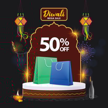Diwali Mega sale discount concept with shopping bags on product podium with diwali elements vector