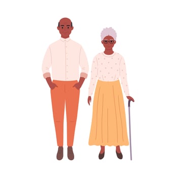 Elderly african american couple in stylish fashionable look. Smiling grandpa and granny in modern outfit. Retired man and woman vector