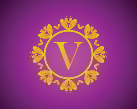 Alphabet V luxury logo design with gold color gradation and gold leaf circle suitable for bathing, hotel, beauty and grooming. against a violet VelVet background. vector