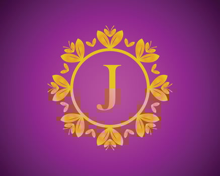 Alphabet J luxury logo design with gold color gradation and gold leaf circle suitable for bathing, hotel, beauty and grooming. against a violet VelVet background. vector