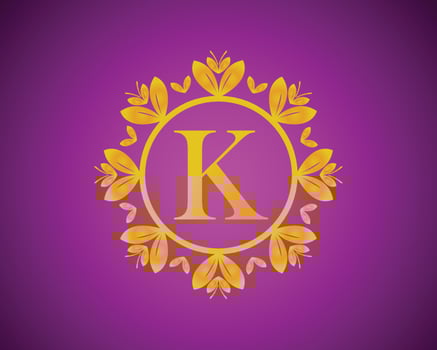Alphabet K luxury logo design with gold color gradation and gold leaf circle suitable for bathing, hotel, beauty and grooming. against a violet VelVet background. vector