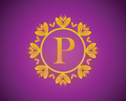 Alphabet P luxury logo design with gold color gradation and gold leaf circle suitable for bathing, hotel, beauty and grooming. against a violet VelVet background. vector