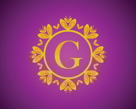 Alphabet G luxury logo design with gold color gradation and gold leaf circle suitable for bathing, hotel, beauty and grooming. against a violet VelVet background. vector