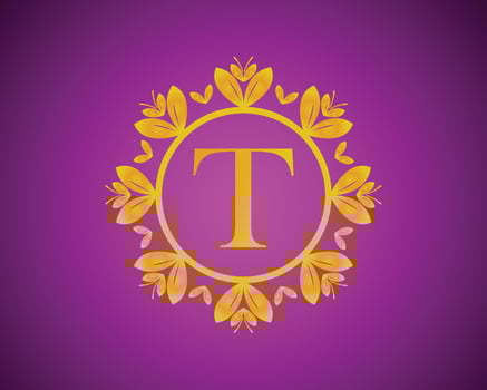 Alphabet T luxury logo design with gold color gradation and gold leaf circle suitable for bathing, hotel, beauty and grooming. against a violet VelVet background. vector