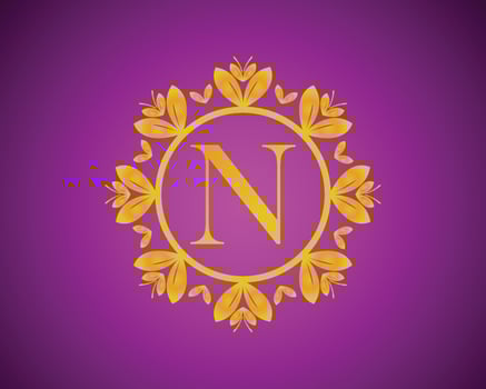 Alphabet N luxury logo design with gold color gradation and gold leaf circle suitable for bathing, hotel, beauty and grooming. against a violet VelVet background. vector