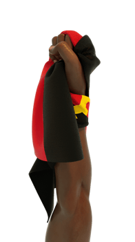 Hand fist holding Angolan flag. Hand lifted and grabbing flag isolated on transparent background. 3d rendering of Flag wrapped around fist png