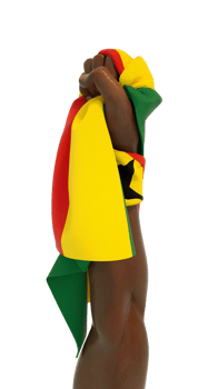 Fisted hand holding Ghanaian flag. Hand lifted and grabbing flag isolated on transparent background. 3d rendering of Flag wrapped around fist png