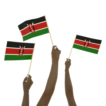 Black hand holding Kenyan flag, Hand lifting flag, Hand raising flag, 3d rendering of set of hands holding flag isolated on transparent background png