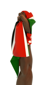 Hand fist holding Kenyan flag. Hand lifted and grabbing flag isolated on transparent background. 3d rendering of Flag wrapped around fist png