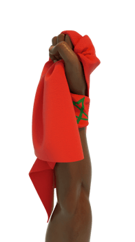 Fisted hand holding Moroccan flag. Hand lifted and grabbing flag isolated on transparent background. 3d rending of Flag wrapped around fist png