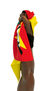 Fisted hand holding Mozambican flag. Hand lifted and grabbing flag isolated on transparent background. 3d rendering of Flag wrapped around fist png