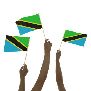 Black hand holding Tanzanian flag, Hand lifting flag, Hand raising flag, 3d rendering of set of hands holding flag isolated on transparent background png
