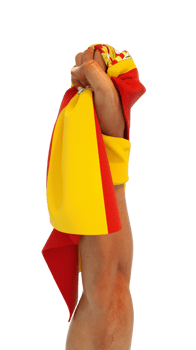Hand fist holding Spanish flag. Hand lifted and grabbing flag isolated on transparent background. 3d rendering of Flag wrapped around fist png