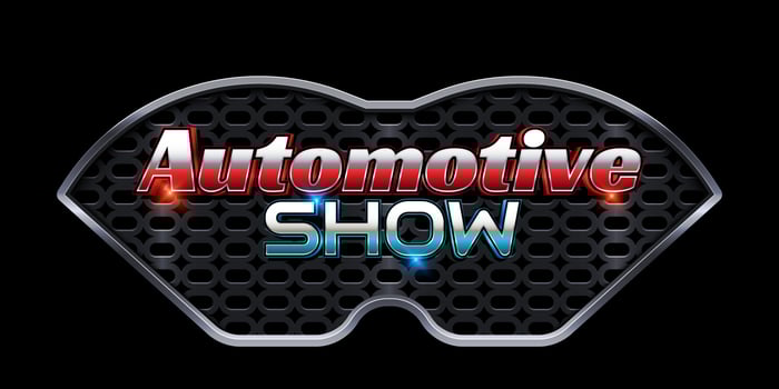 Automotive show 3d logo text effect with realistic modern car grill background vector