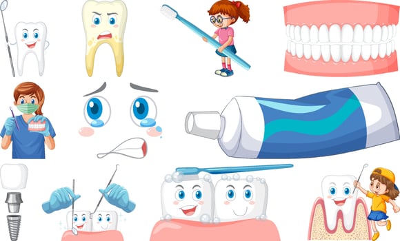 Set of dental equipments and cartoon characters vector