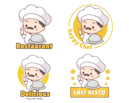 Cute chef logo mascot cartoon character. Chef holding silver plate. People Food Icon Concept Isolated on white. vector