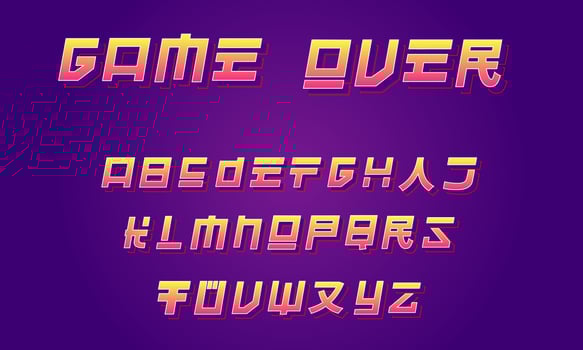 Retro Style Alphabet, Japanese and USA influenced, 16bit video game aesthetic, gaming abc for logos, brands and arcade machines. Tokyo, Vintage and asian typeface. Neon, gradient and trendy typo. vector