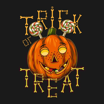 Halloween vintage emblem with candy, pumpkin head stylized as human freckled kids face. Traditional text Trick or Trick. Letters made of bones. Isolated vector illustration on a dark background