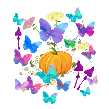 Halloween, pumpkin, butterflies,, mushroom, flowers pattern. png