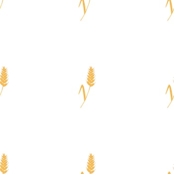 Seamless pattern with spikelets and grains of wheat on white background. Vector cartoon flat illustration for backery packaging, flour production, agriculture, harvest design