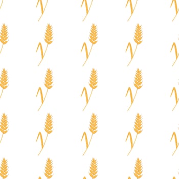 Seamless pattern with spikelets and grains of wheat on white background. Vector cartoon flat illustration for backery packaging, flour production, agriculture, harvest design