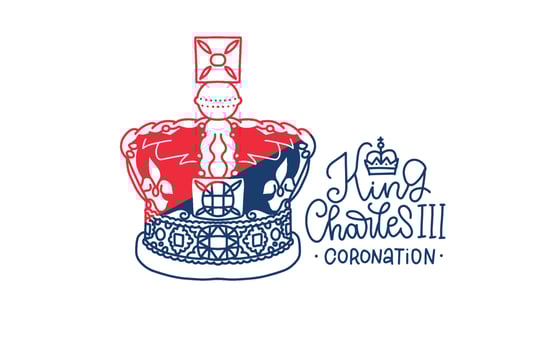 English King Coronation Crown Jewels Illustration Isolated on White Background. Minimalistic coronation banner vector design. Linear illustration with lettering text.