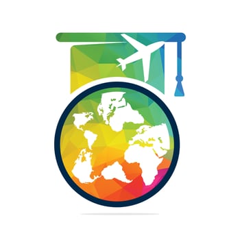 Study abroad vector logo design. Graduation cap and globe icon.