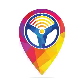 Car helm and map pointer logo combination. Steering wheel and gps locator symbol vector design.